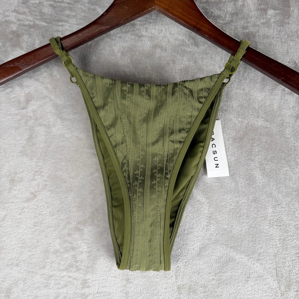 PacSun Olive Green Pointelle High Cut Bikini Bottom Ribbed Floral Small NWT